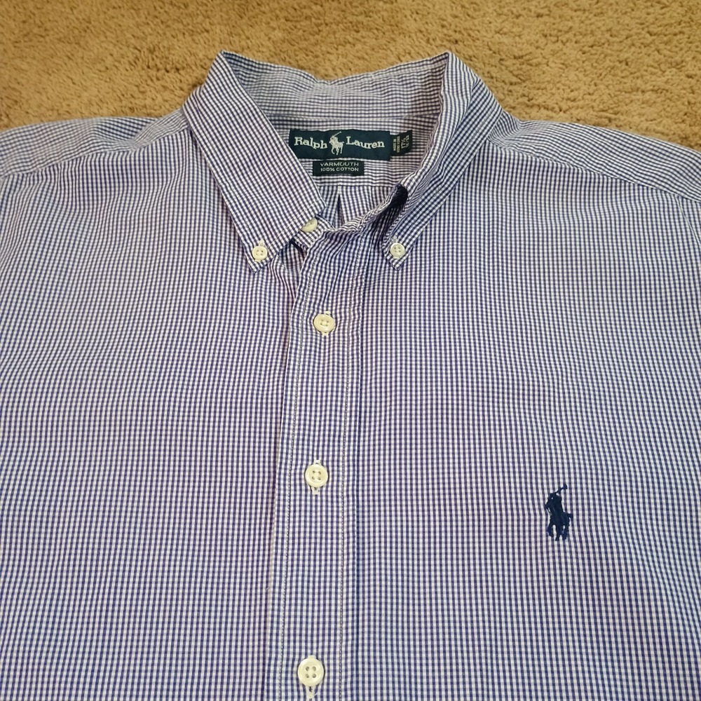 Ralph Lauren Yarmouth Blue White Gingham Button Down Shirt Mens 17.5 34/35 XL